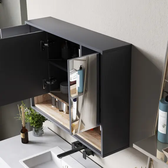 Buy Bathroom Mirror Cabinet, Wall Mounted Bathroom Cabinet with Mirror, 3 Doors and Cupboards, Grey, 9 image