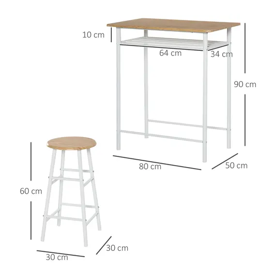 Buy Bar Table Set, Bar Table and Stools Set, Footrest and Storage Shelf, for Kitchen, Dining Room, Pub, Cafe, White and Oak, 3 image