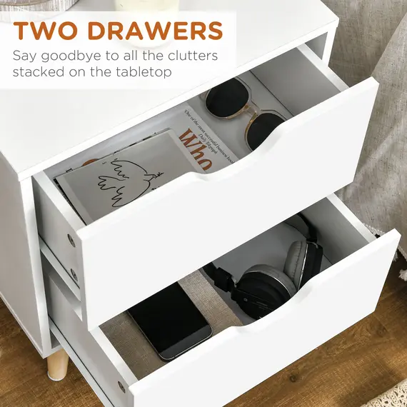 Buy Bedside Table, Bedside Cabinet with 2 Drawers, Side End Table with Pine Wood Legs for Bedroom Living Room, White, 5 image