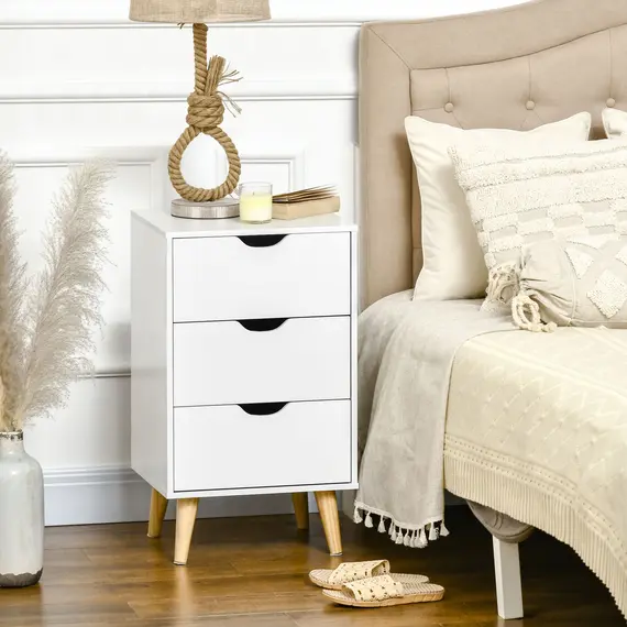 Buy Bedside Table, Bedside Cabinet with 3 Drawers, Small Side Table with Wood Legs and Cut-out Handles for Bedroom, White, 2 image