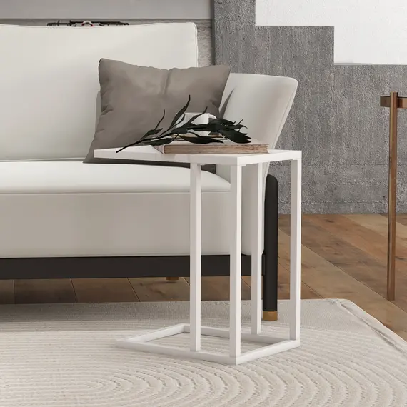 Buy C Shape Bedside Table w/Metal Frame Wood-Effect Top Sofa Narrow Snack End Table for Living Room, White, 7 image