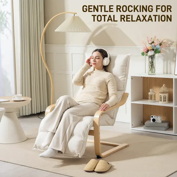 Buy Curved Wooden Accent Chair, with Adjustable Footrest - Cream White, 6 image