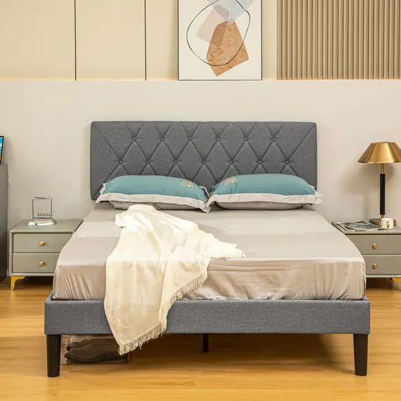 Buy Double Bed Frame with 5-Level Adjustable Linen Upholstered Headboard, Wooden Slats Mattress Foundation, No Box Spring Needed, Grey, 8 image
