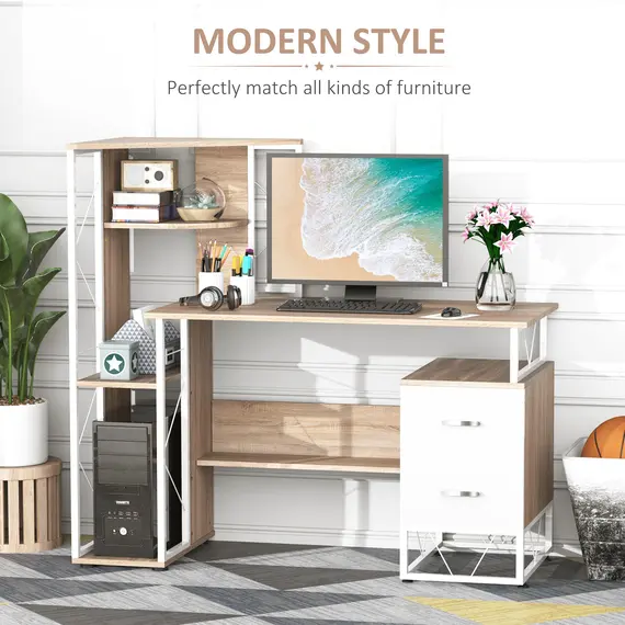 Buy Computer Desk with Drawers and Bookshelf, Writing Desk for Home Office with Storage Shelves, Study Workstation, Oak, 4 image