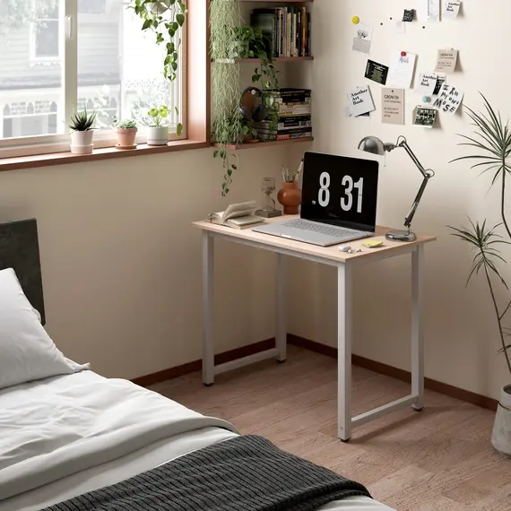 Buy Computer Desk, Writing Table, 100 x 60 x 76cm Workstation for Home Office, Study with Metal Frame, Simple Assembly, White, 2 image