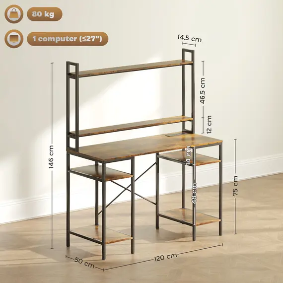 Buy Computer Desk with Power Outlets and LED Lights, Home Office Desk with Monitor Stand, 2 CPU Stands and Storage Shelves, Study Table Gaming Desk with Hutch, Rustic Brown, 3 image