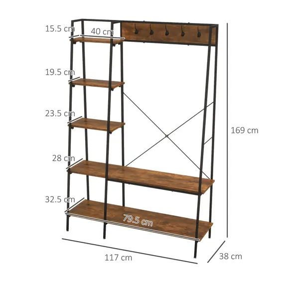 Buy Clothes Rail, Metal Clothes Rack with Shoe Rack, 5 Tier Storage Shelves, 5 Side Hooks, Coat Stand for Bedroom, Living Room, Hallway, Rustic Brown and Black, 3 image