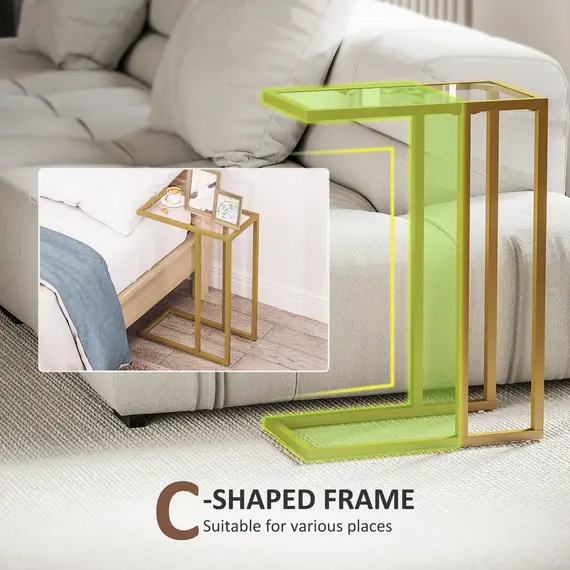 Buy C-Shaped Side Table, Modern Slim Bedside Table with Tempered Glass Tabletop, Steel Frame for Small Space, Living Room, Bedroom, Gold Tone, 4 image