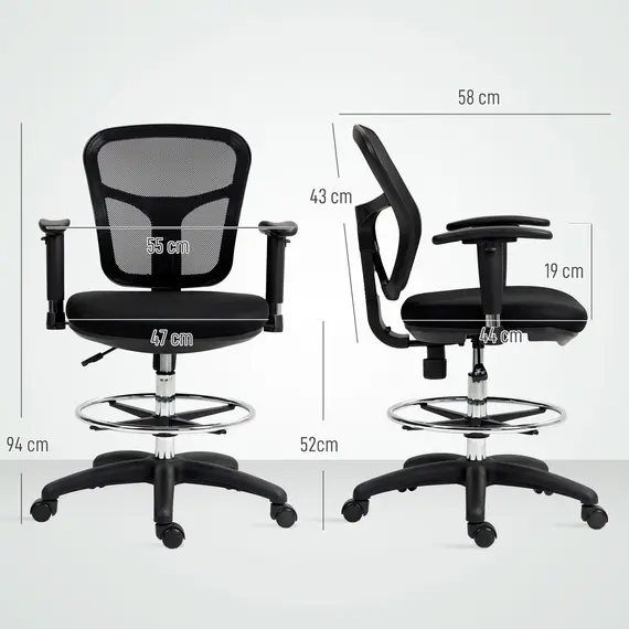 Buy Drafting Chair with Adjustable Armrests, Ergonomic Mesh Office Chair with Lumbar Support, Adjustable Height and Footrest for Standing Desk, Black, 3 image