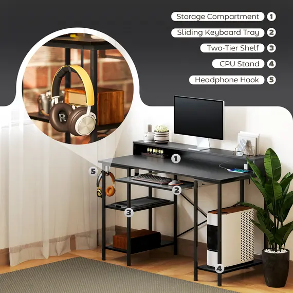 Buy Computer Desk with LED Lights and Power Outlets, 120 x 55 cm Gaming Desk with Monitor Stand, Sliding Keyboard Tray and Storage Shelves for Home Office, Black, 8 image