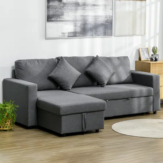 Buy Corner Sofa Bed with Storage, 3 Seater Pull Out Sofa Bed, Convertible L Shape Sofa Couch with Reversible Chaise Lounge for Living Room, Dark Grey, 2 image