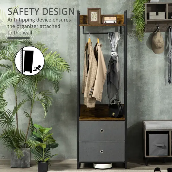 Buy Clothes Rail, Metal Coat Stand, Garment Rack with 2 Fabric Storage Drawers, Single Wardrobe for Bedroom, Hallway, Rustic Brown and Grey, 7 image