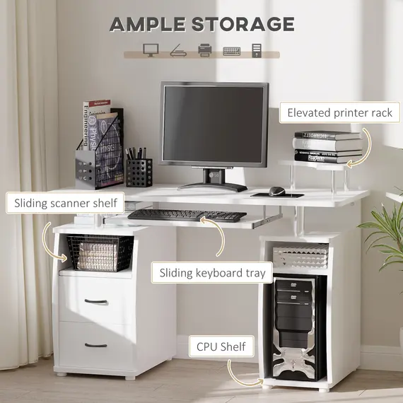 Buy Computer Desk Office PC Table Workstation with Keyboard Tray, CPU Shelf, Drawers, Sliding Scanner Shelf, White, 4 image