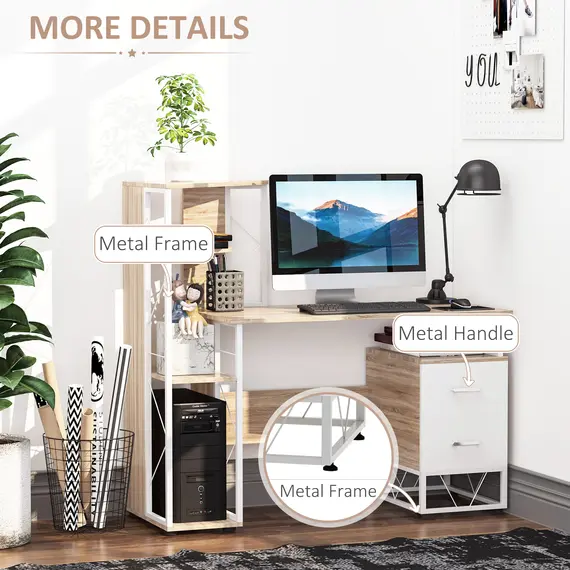 Buy Computer Desk with Drawers and Bookshelf, Writing Desk for Home Office with Storage Shelves, Study Workstation, Oak, 6 image