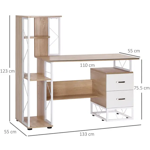 Buy Computer Desk with Drawers and Bookshelf, Writing Desk for Home Office with Storage Shelves, Study Workstation, Oak, 3 image
