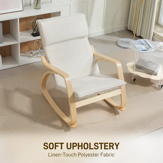 Buy Comfortable Relax Rocking Chair, Upholstered Lounge Chair Recliner with High Back and Headrest for Living Room, Bedroom, Cream White, 5 image