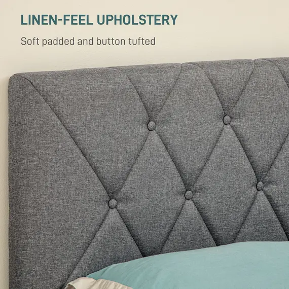Buy Double Bed Frame with 5-Level Adjustable Linen Upholstered Headboard, Wooden Slats Mattress Foundation, No Box Spring Needed, Grey, 5 image