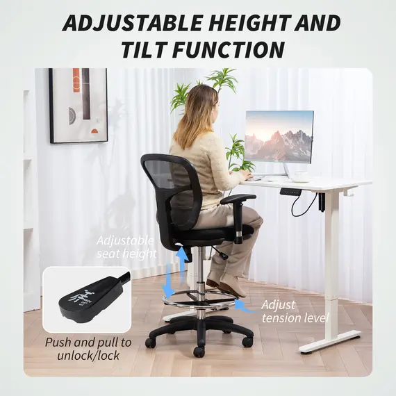 Buy Drafting Chair with Adjustable Armrests, Ergonomic Mesh Office Chair with Lumbar Support, Adjustable Height and Footrest for Standing Desk, Black, 6 image