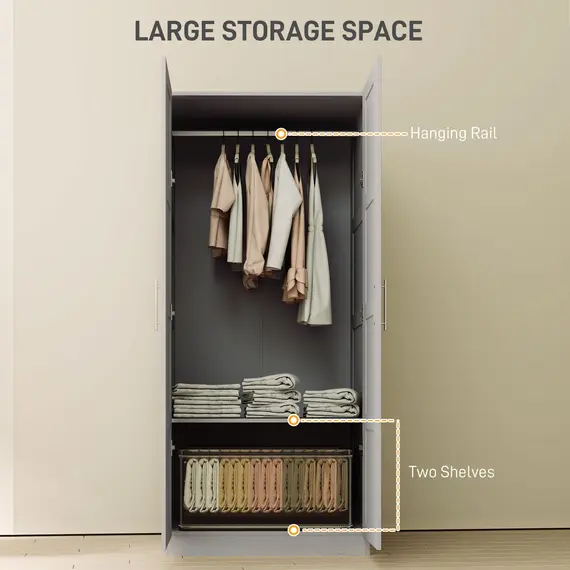 Buy Double Paneled Door Wardrobe, with Shelves - Grey, 4 image