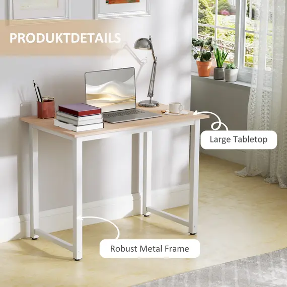 Buy Computer Desk, Writing Table, 100 x 60 x 76cm Workstation for Home Office, Study with Metal Frame, Simple Assembly, White, 5 image
