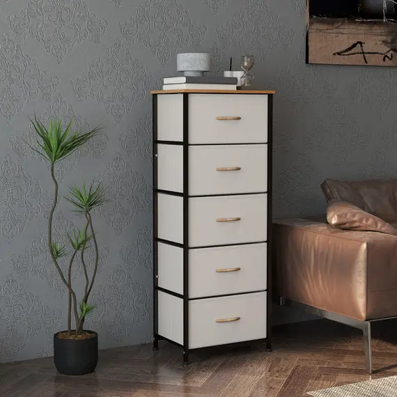Buy Fabric Chest of Drawers, Storage Drawers, Industrial Bedroom Dresser with 5 Fabric Drawers, Steel Frame and Wooden Top for Nursery, Living Room, Hallway, Cream White, 7 image