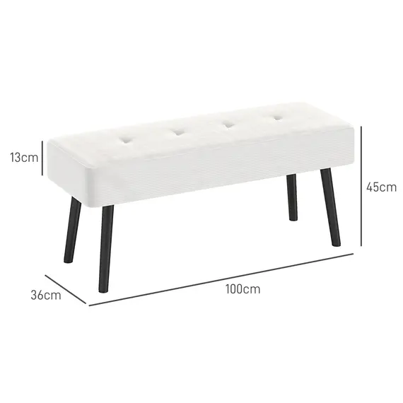 Buy End of Bed Bench, Corduroy Bedroom Bench with Thick Padding and Steel Legs, Tufted Window Seat for Entryway, Living Room, Cream White, 3 image