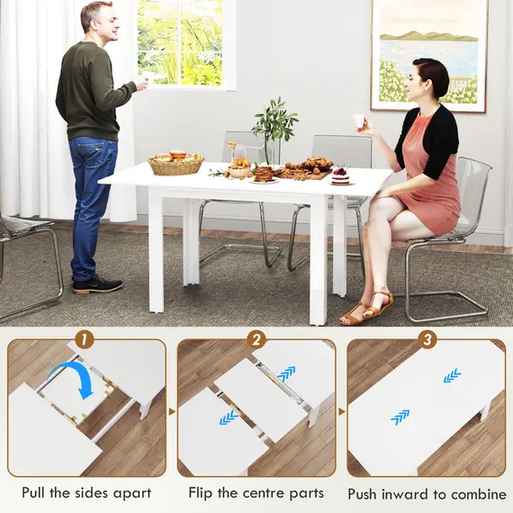 Buy Extendable Dining Table, 120-160 x 70cm Rectangular Kitchen Table for Small Spaces, Seats 4-6 People, High Gloss White, 5 image