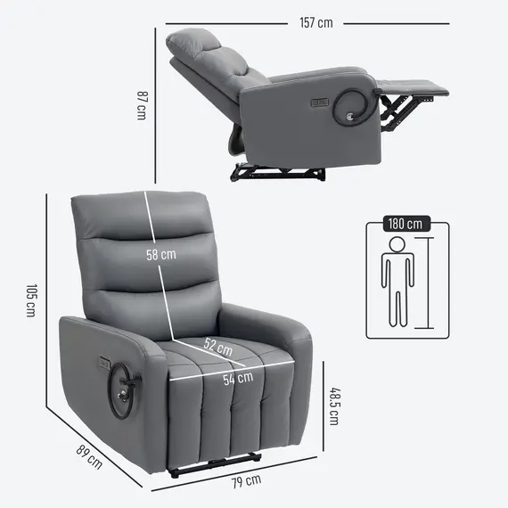 Buy Electric Recliner Armchair with USB + Type C Charge Port, Phone Holder, PU Leather Reclining Chair with Adjustable Leg Rest, Recliner Chair for Home Living Room Theater, Grey, 3 image