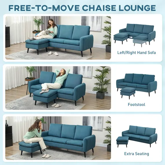 Buy Fabric Sofa with Ottoman, Corduroy L-shaped Sofa Couch with Scatter Back, Reversible 3-Seater Chaise Lounge for Living Room, Home Office, Small Spaces, Blue, 4 image