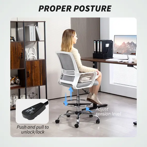 Buy Draughtsman Chair, Mesh Drafting Chair, Ergonomic Office Chair with Lumbar Support, Adjustable Foot Ring, Grey, 5 image