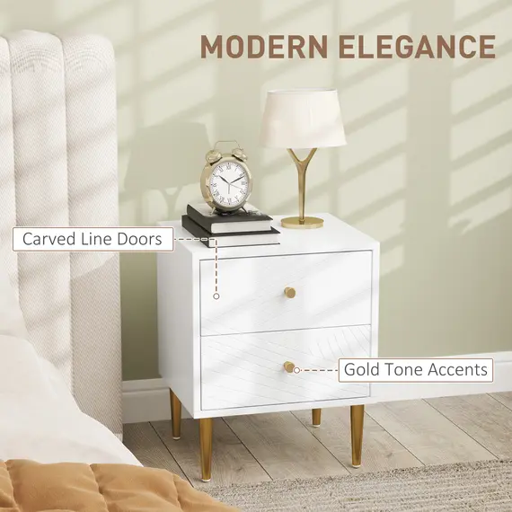 Buy Elegant Two-Drawer Bedside Table - White/Gold-Tone, 4 image