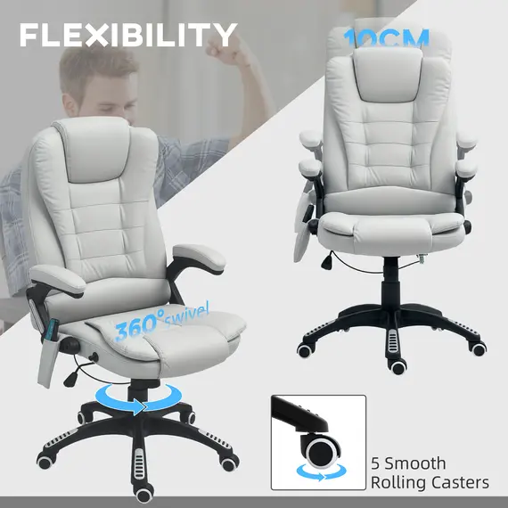 Buy Executive Office Chair with Massage and Heat, High Back PU Leather Massage Office Chair with Adjustable Height, Light Grey, 5 image