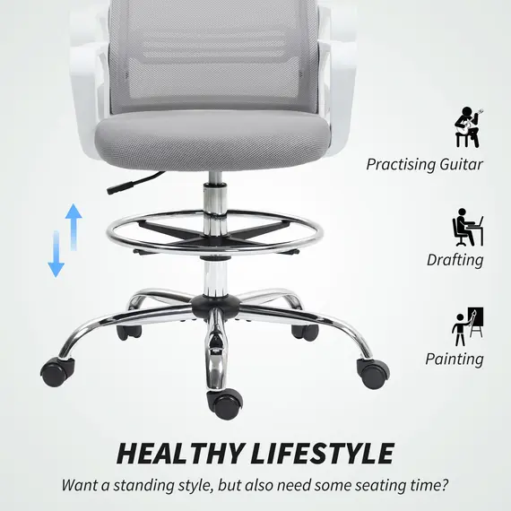 Buy Draughtsman Chair, Mesh Drafting Chair, Ergonomic Office Chair with Lumbar Support, Adjustable Foot Ring, Grey, 4 image
