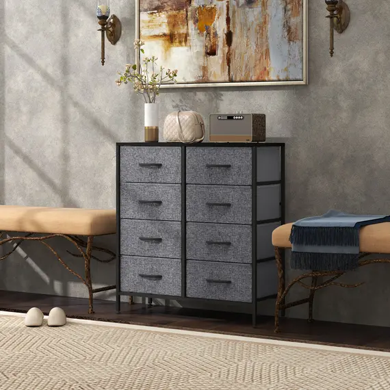 Buy Fabric Chest of Drawers, Storage Drawers, Industrial Bedroom Dresser with 8 Fabric Drawers, Steel Frame and Wooden Top for Nursery, Living Room, Hallway, Black, 9 image