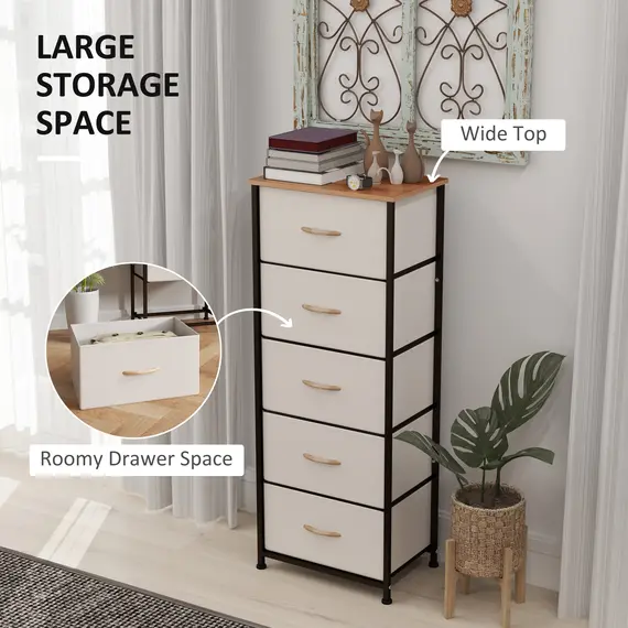 Buy Fabric Chest of Drawers, Storage Drawers, Industrial Bedroom Dresser with 5 Fabric Drawers, Steel Frame and Wooden Top for Nursery, Living Room, Hallway, Cream White, 4 image