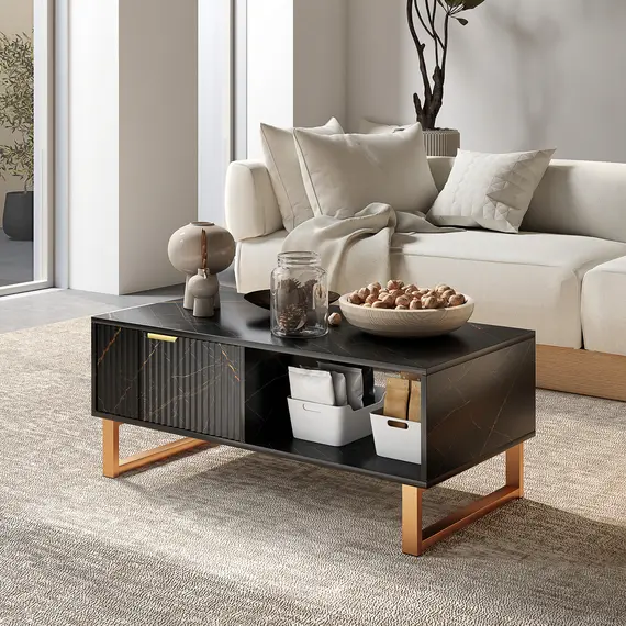 Buy Elegant Marble Effect Storage Coffee Table - Black, 2 image