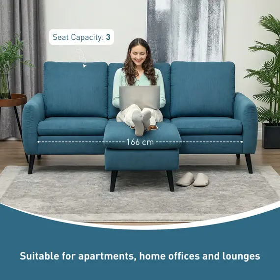 Buy Fabric Sofa with Ottoman, Corduroy L-shaped Sofa Couch with Scatter Back, Reversible 3-Seater Chaise Lounge for Living Room, Home Office, Small Spaces, Blue, 5 image