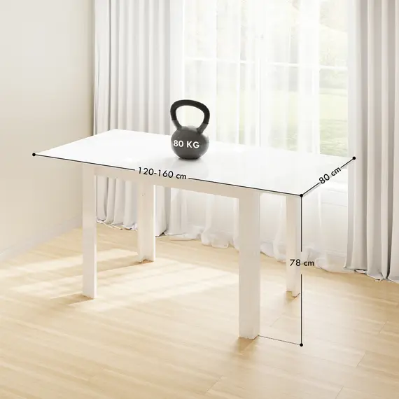 Buy Extendable Dining Table, 120-160 x 70cm Rectangular Kitchen Table for Small Spaces, Seats 4-6 People, High Gloss White, 3 image