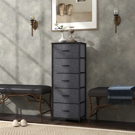 Buy Fabric Chest of Drawers, Storage Drawers, Industrial Bedroom Dresser with 5 Fabric Drawers, Steel Frame and Wooden Top for Nursery, Living Room, Hallway, Dark Grey, 9 image