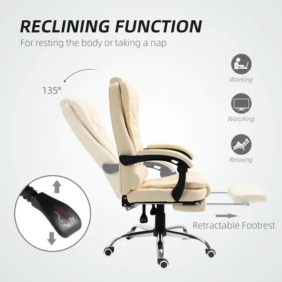 Buy Executive Office Chair, Home Office Chair with Swivel Wheels, Reclining Backrest, Retractable Footrest, Cream White, 6 image