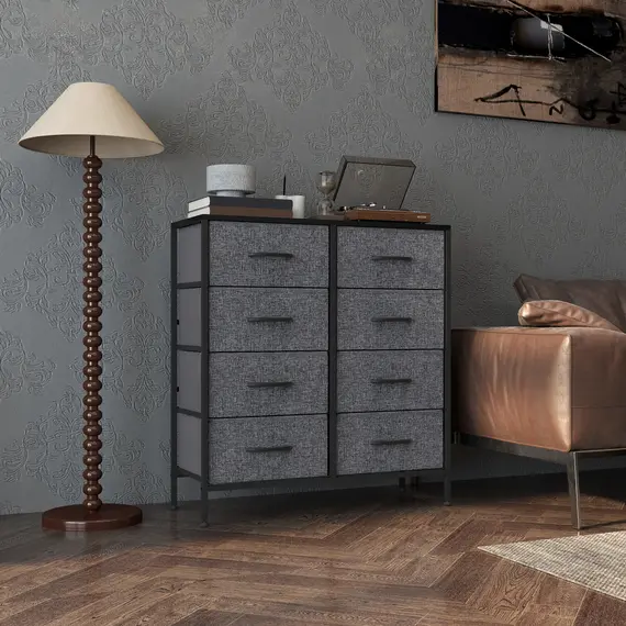 Buy Fabric Chest of Drawers, Storage Drawers, Industrial Bedroom Dresser with 8 Fabric Drawers, Steel Frame and Wooden Top for Nursery, Living Room, Hallway, Black, 7 image