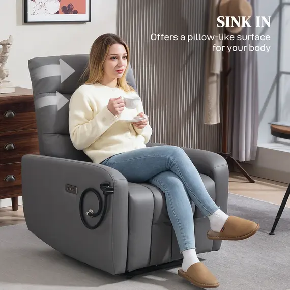 Buy Electric Recliner Armchair with USB + Type C Charge Port, Phone Holder, PU Leather Reclining Chair with Adjustable Leg Rest, Recliner Chair for Home Living Room Theater, Grey, 6 image