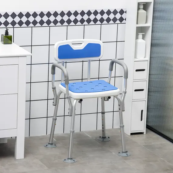 Buy EVA Padded Shower Chair for the Elderly and Disabled, Height Adjustable Shower Stool with Back and Arms, 4 Suction Foot Pads, Blue, 2 image