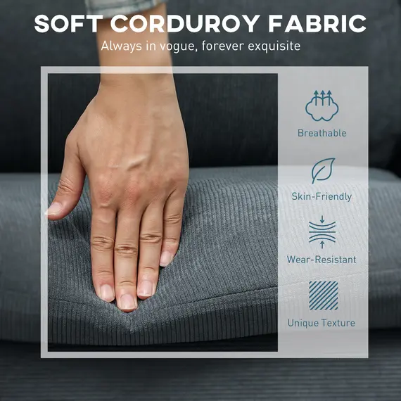 Buy Fabric Sofa with Ottoman, Corduroy L-shaped Sofa Couch with Scatter Back, Reversible 3-Seater Chaise Lounge for Living Room, Home Office, Small Spaces, Charcoal Grey, 6 image