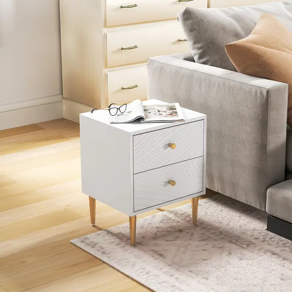 Buy Elegant Two-Drawer Bedside Table - White/Gold-Tone, 9 image