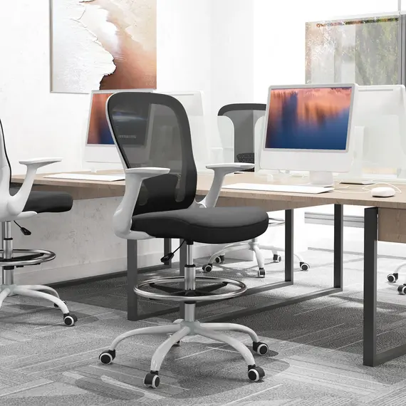 Buy Draughtsman Chair, Mesh Drafting Chair, Ergonomic Office Chair with Flip-up Armrest, Adjustable Foot Ring, Black White, 2 image