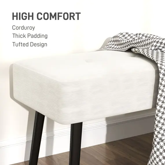 Buy End of Bed Bench, Corduroy Bedroom Bench with Thick Padding and Steel Legs, Tufted Window Seat for Entryway, Living Room, Cream White, 4 image