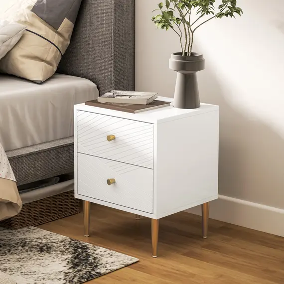 Buy Elegant Two-Drawer Bedside Table - White/Gold-Tone, 8 image