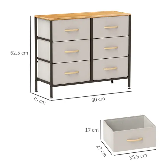 Buy Fabric Chest of Drawers, Storage Drawers, Industrial Bedroom Dresser with 6 Fabric Drawers, Steel Frame and Wooden Top for Nursery, Living Room, Hallway, Cream White, 3 image