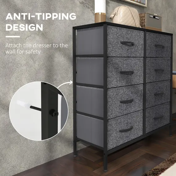 Buy Fabric Chest of Drawers, Storage Drawers, Industrial Bedroom Dresser with 8 Fabric Drawers, Steel Frame and Wooden Top for Nursery, Living Room, Hallway, Black, 5 image
